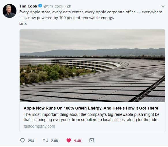 Tim Cook Twitter announcing Apple running on 100% green energy